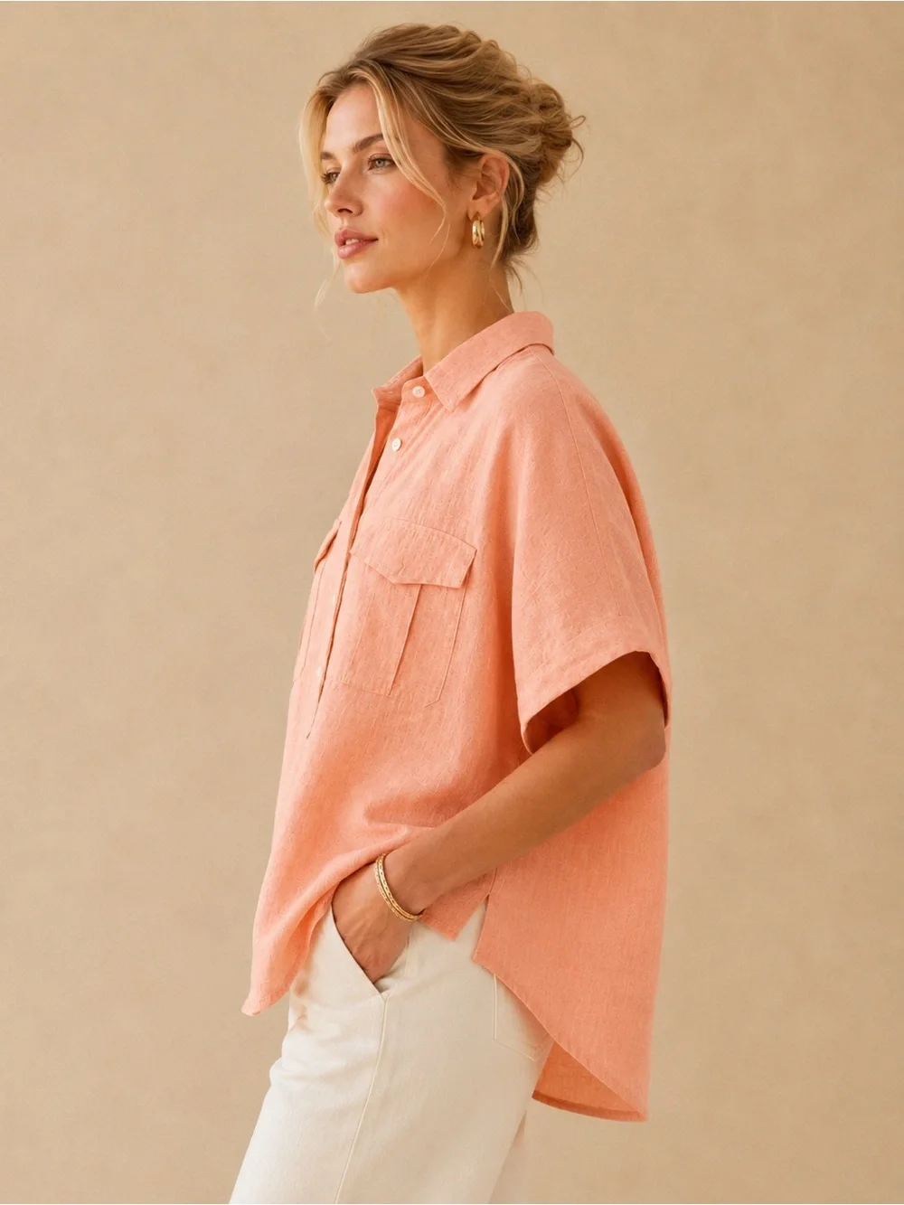 J.Crew Baird McNutt Irish Linen Peach Orange Short Sleeve Flowy Popover Blouse